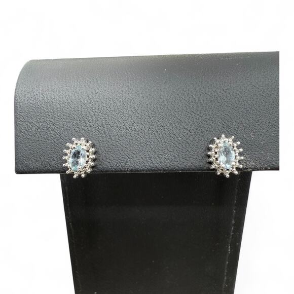 Natural Oval Blue Topaz Diamond Stud Earrings 925 Sterling Silver Butterfly Back - Picture 2 of 4